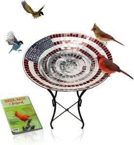 Glass Birdbath with Stand - 24 Inch Mosaic American Flag Pattern